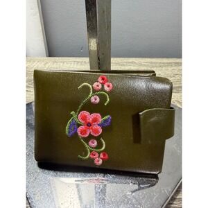 Princess Gardner Olive Green Leather Bi Fold Wallet Floral Embroidery Snap Close